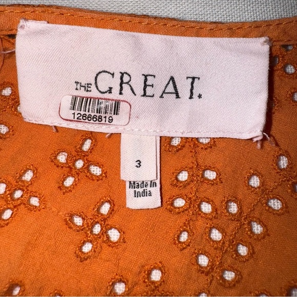 The GREAT. Eyelet Ruffle Blouse Top Orange 3/4‎ Sleeve Bohemian Boho Chic Size L - Picture 5 of 9